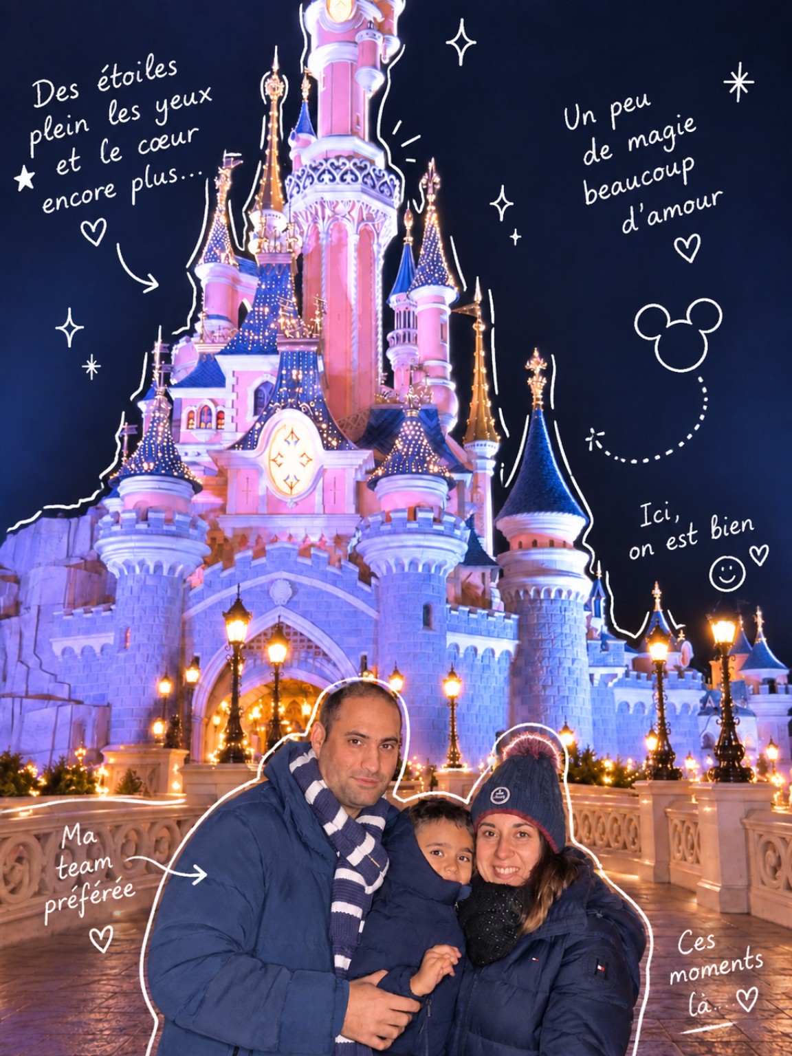 Mélissa, Christophe et leur fils devant le château de Disneyland
